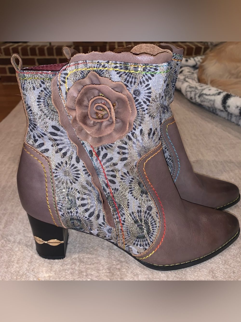 L'ATISTE Taupe Floral Embroidered Ankle Boots with Rosette